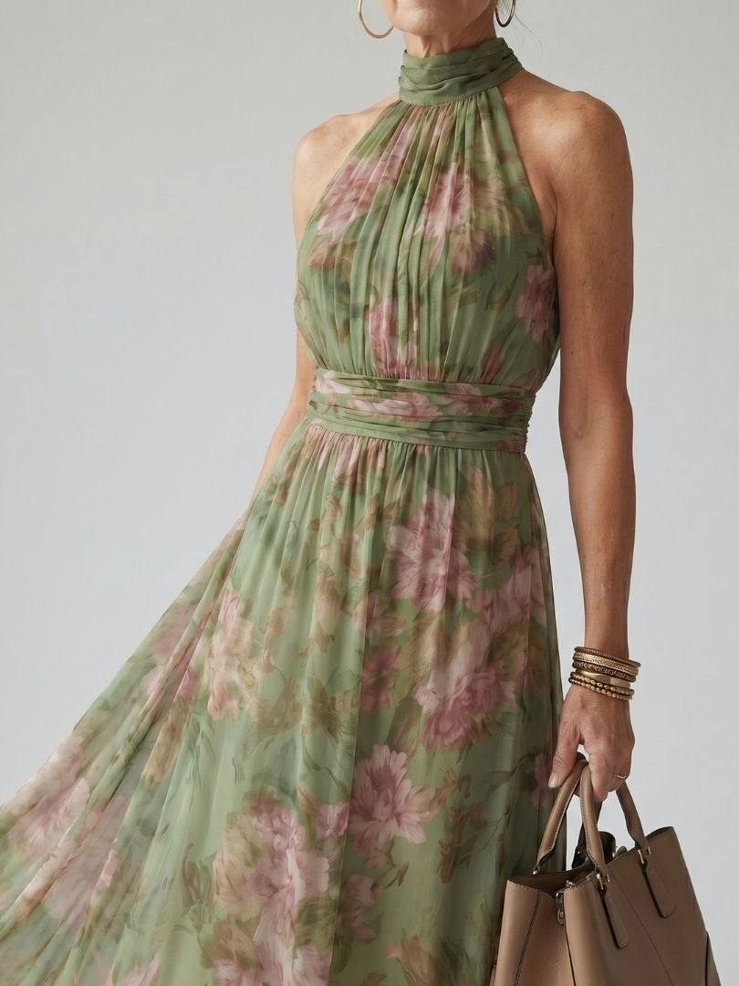 Delphine | Women's Floral Gathered Halter Midi Dress