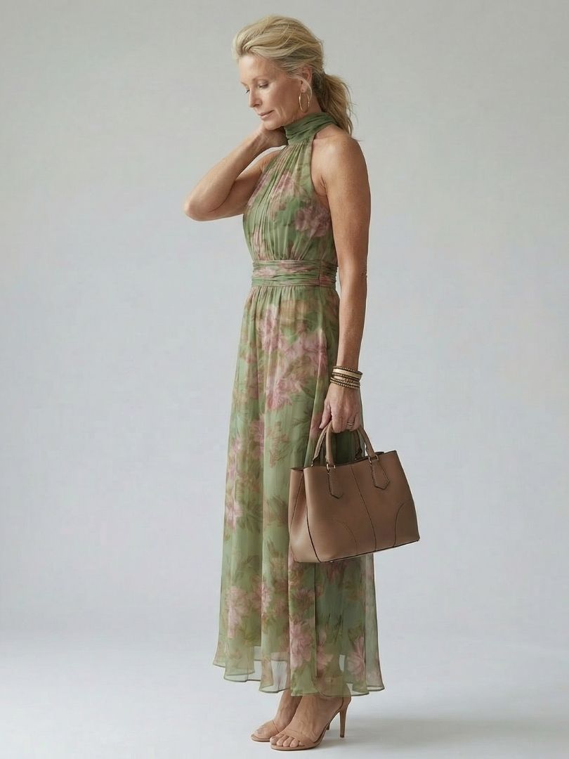 Delphine | Women's Floral Gathered Halter Midi Dress