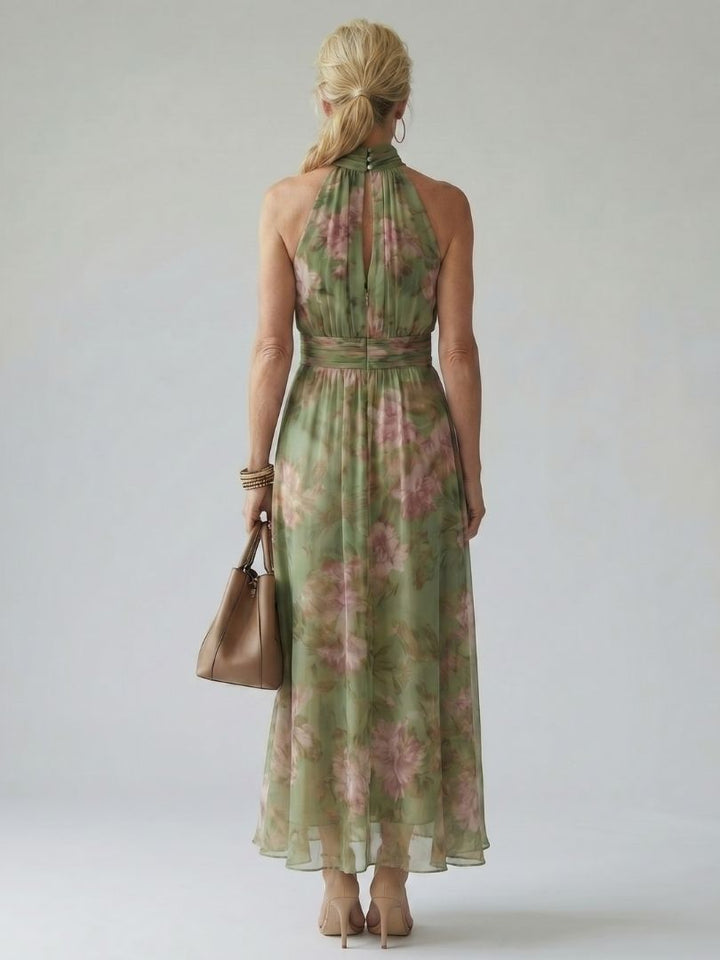 Delphine | Women's Floral Gathered Halter Midi Dress