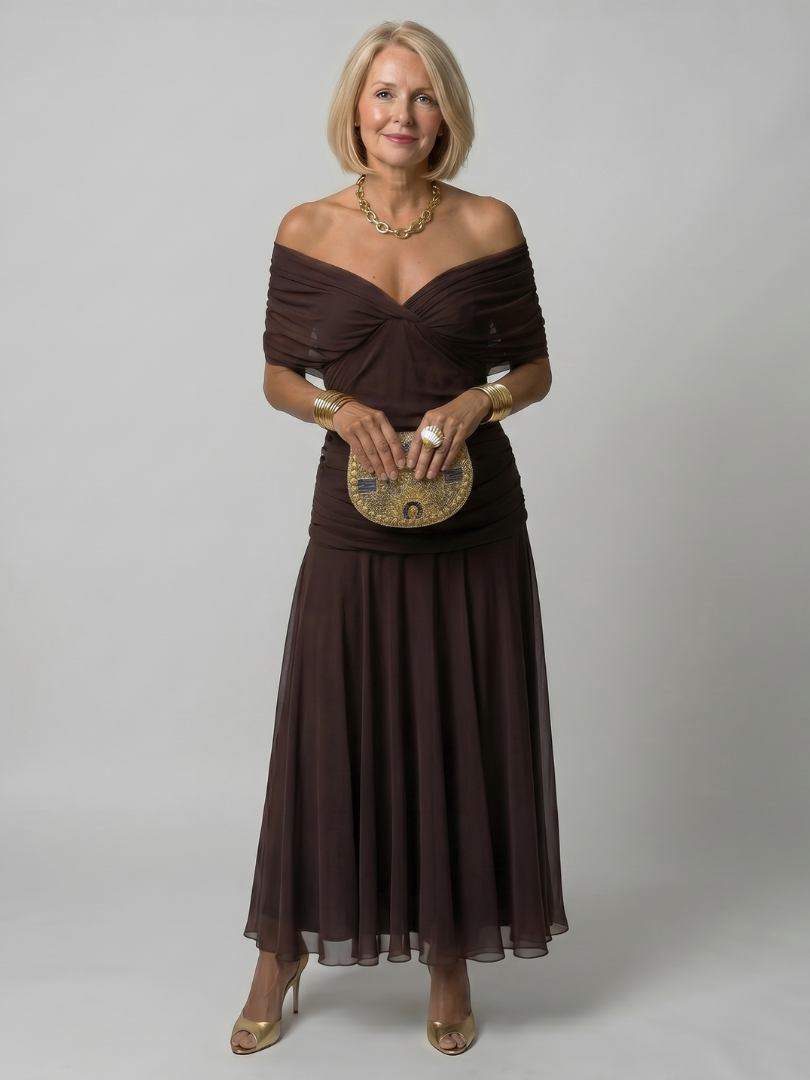 Delphine | Women's Off-Shoulder Draped Flowing Midi Dress