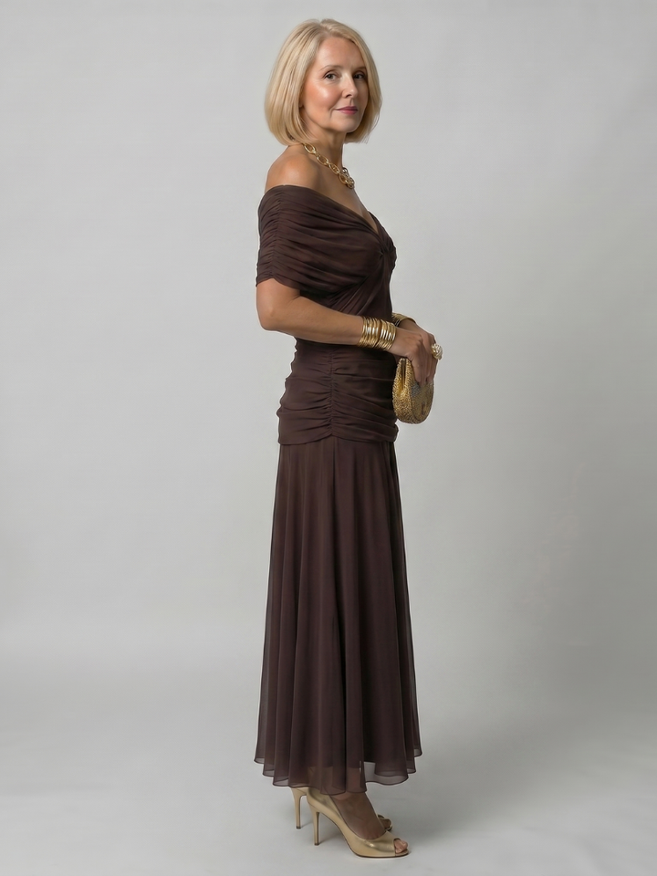 Delphine | Women's Off-Shoulder Draped Flowing Midi Dress