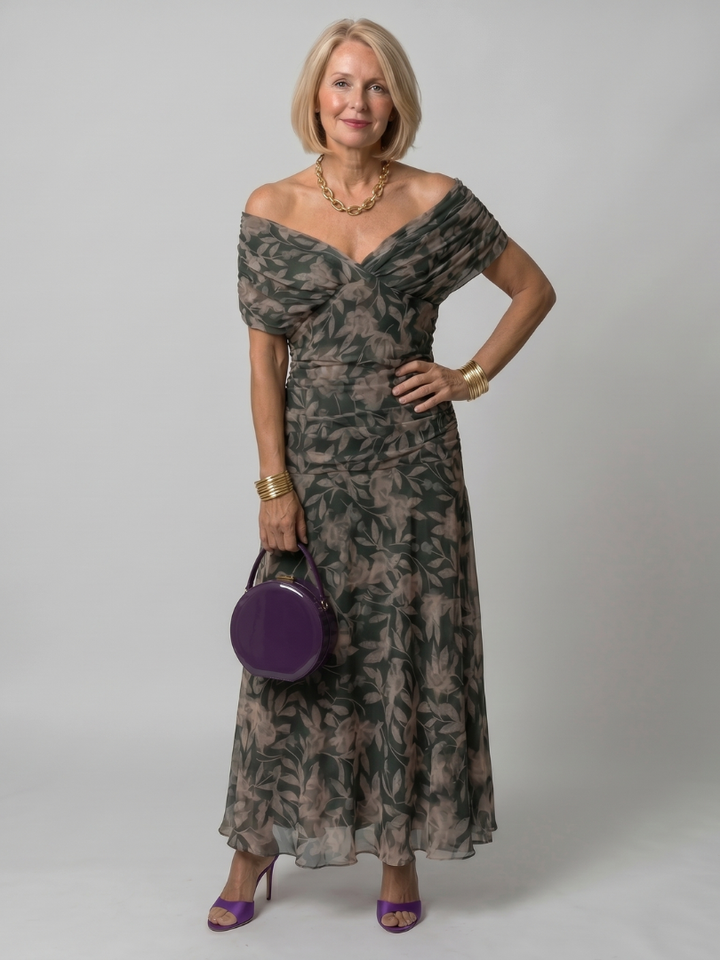 Delphine | Women's Off-Shoulder Draped Flowing Midi Dress