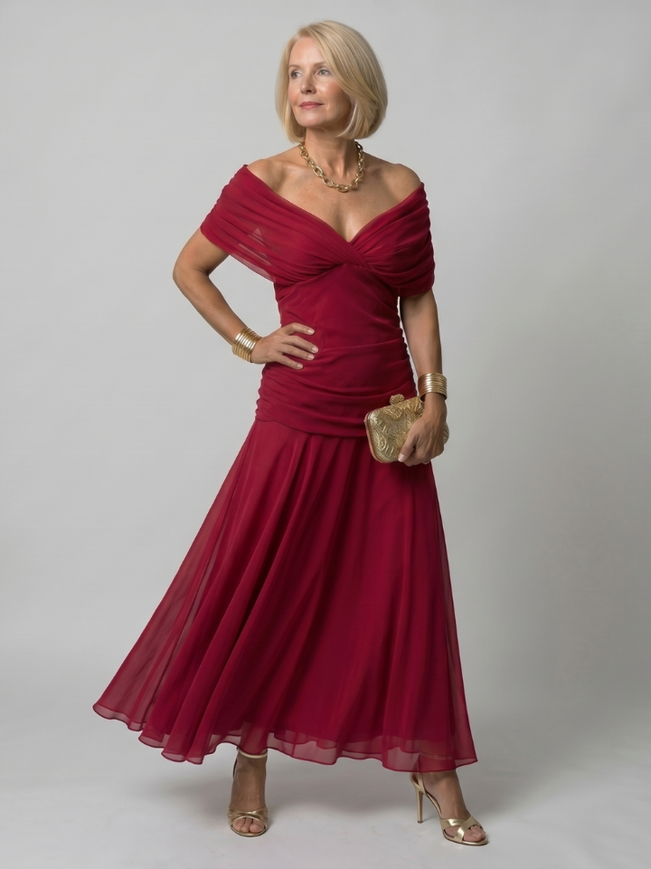 Delphine | Women's Off-Shoulder Draped Flowing Midi Dress