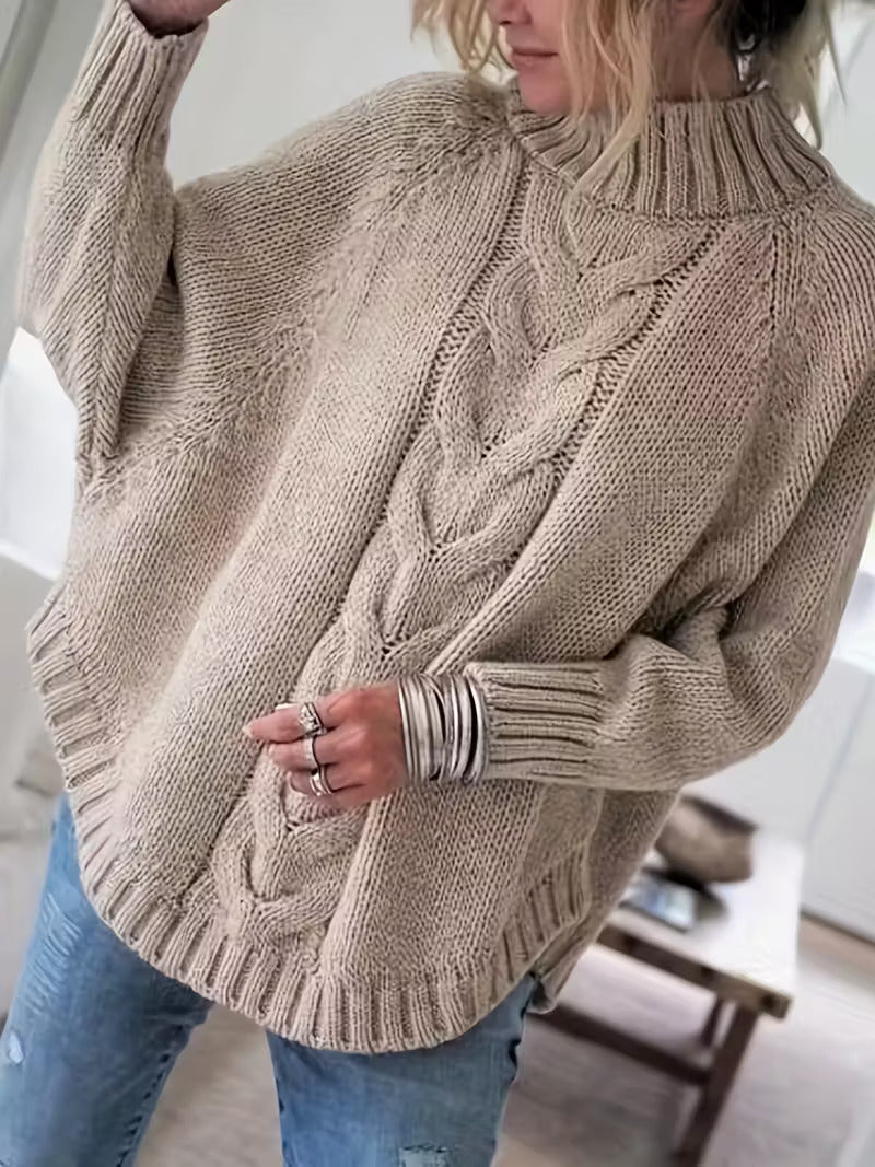 Gwenola | Women's Cable Knit Poncho Sweater with Roll Neck