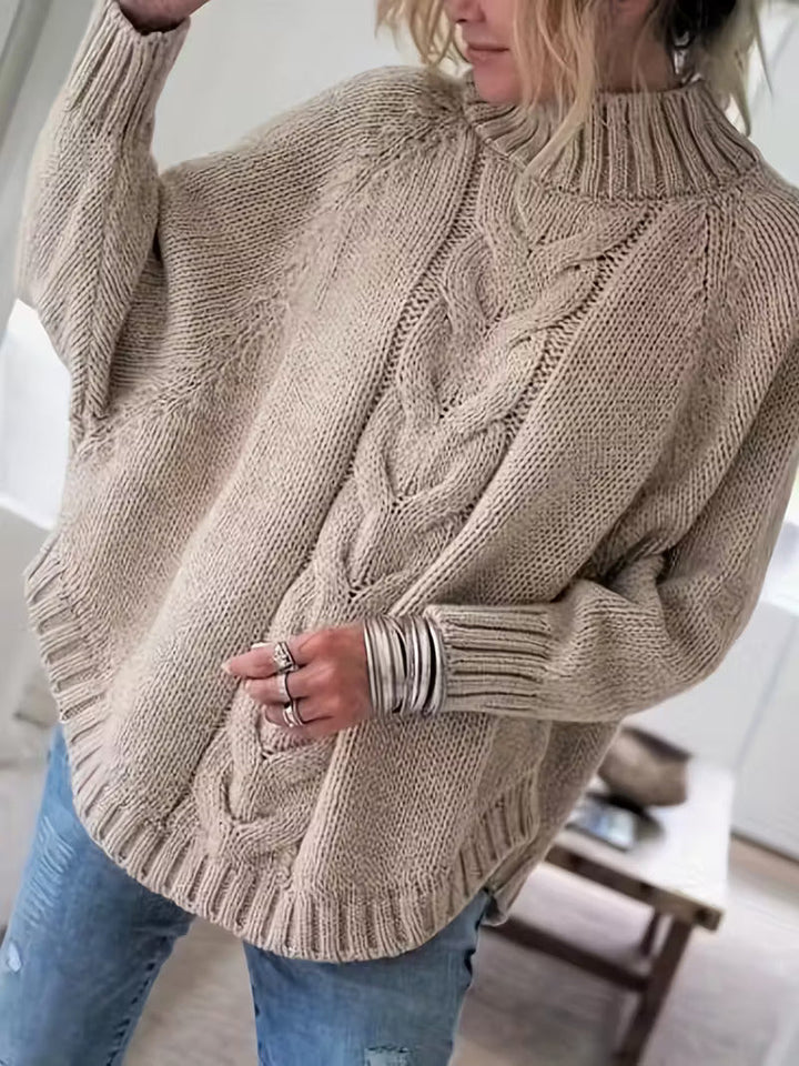 Gwenola | Women's Cable Knit Poncho Sweater with Roll Neck