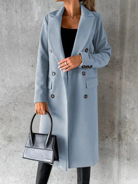 Yvonne | Women's Double-Breasted Longline Coat with Wide Lapel