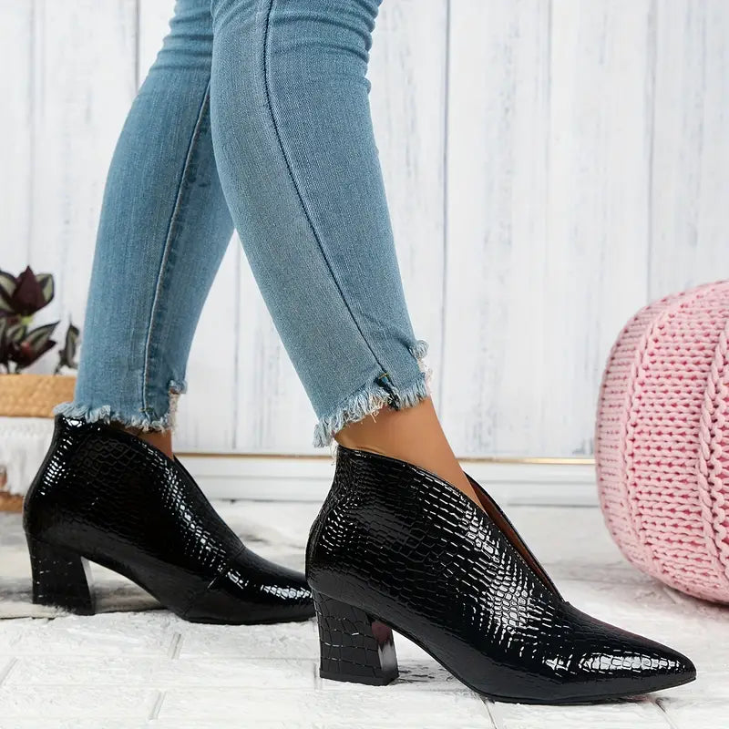Sophia | Women's Textured Ankle Boots with Curved Cut and Mid Block Heel