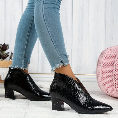 Sophia | Women's Textured Ankle Boots with Curved Cut and Mid Block Heel