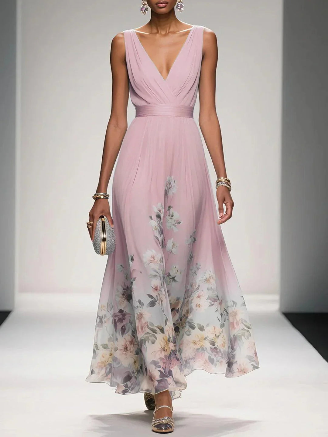 Women's Sleeveless V-Neck Floral Maxi Dress with Wide Shoulder Straps and Waistband Seam