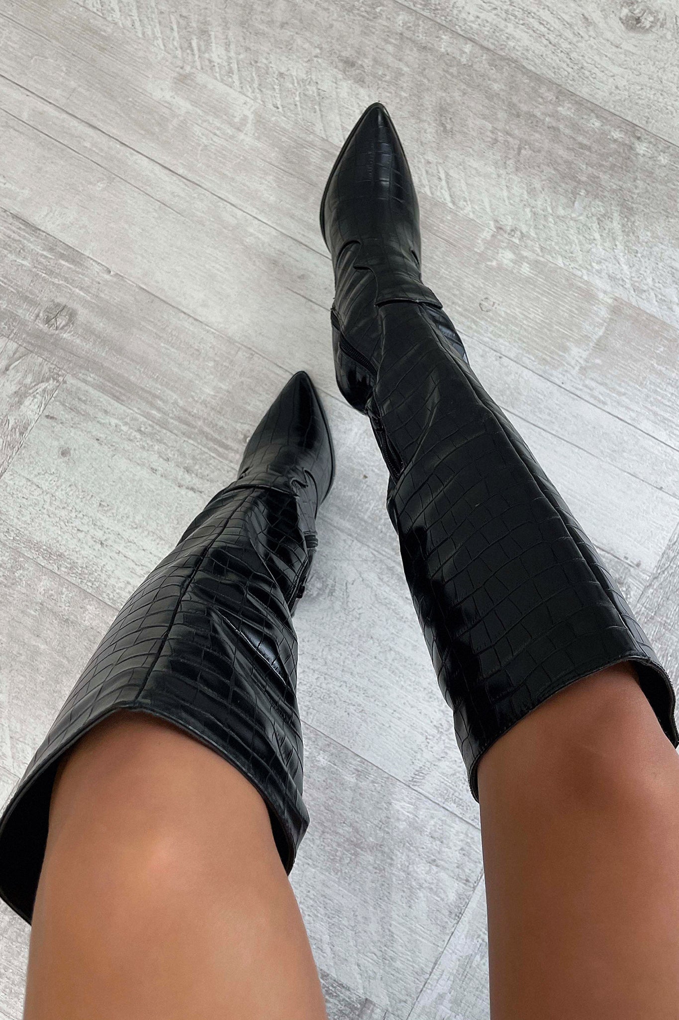 Sofia | Black Croc Knee-High Boots