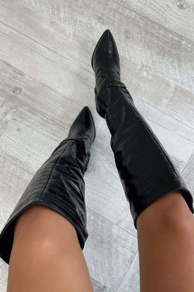 Sofia | Black Croc Knee-High Boots