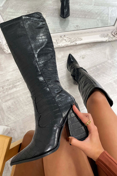 Sofia | Black Croc Knee-High Boots