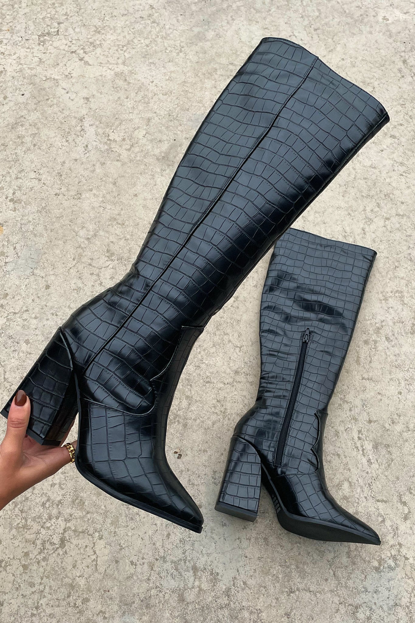 Sofia | Black Croc Knee-High Boots