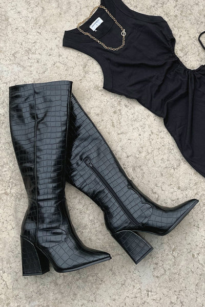 Sofia | Black Croc Knee-High Boots