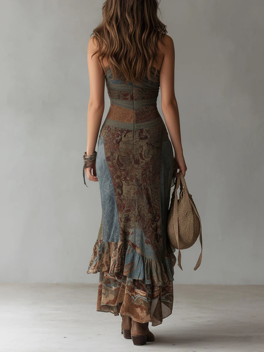 Esmeralda | Women's One-Shoulder Ethnic Print High-Slit Maxi Dress