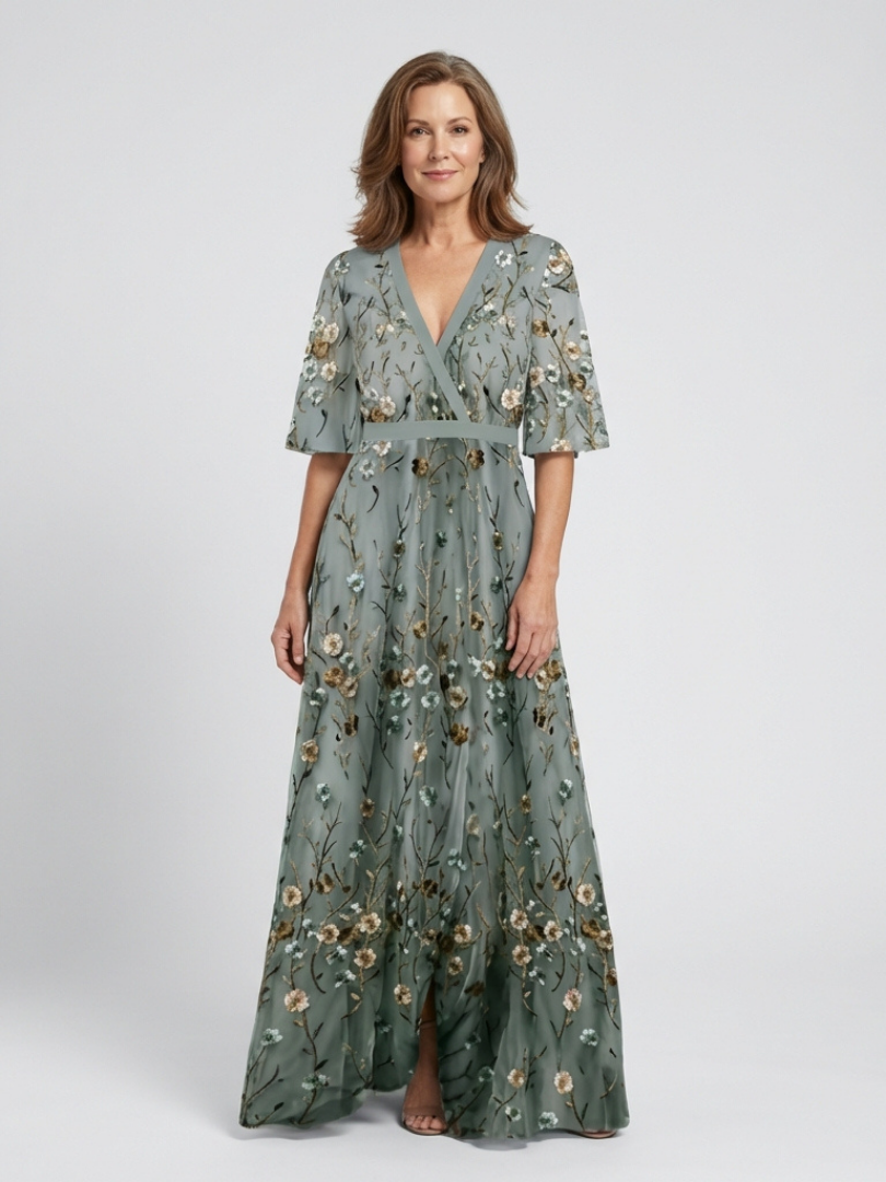 Evadne | Women's Floral V-Neck Sheer Sleeve Maxi Dress