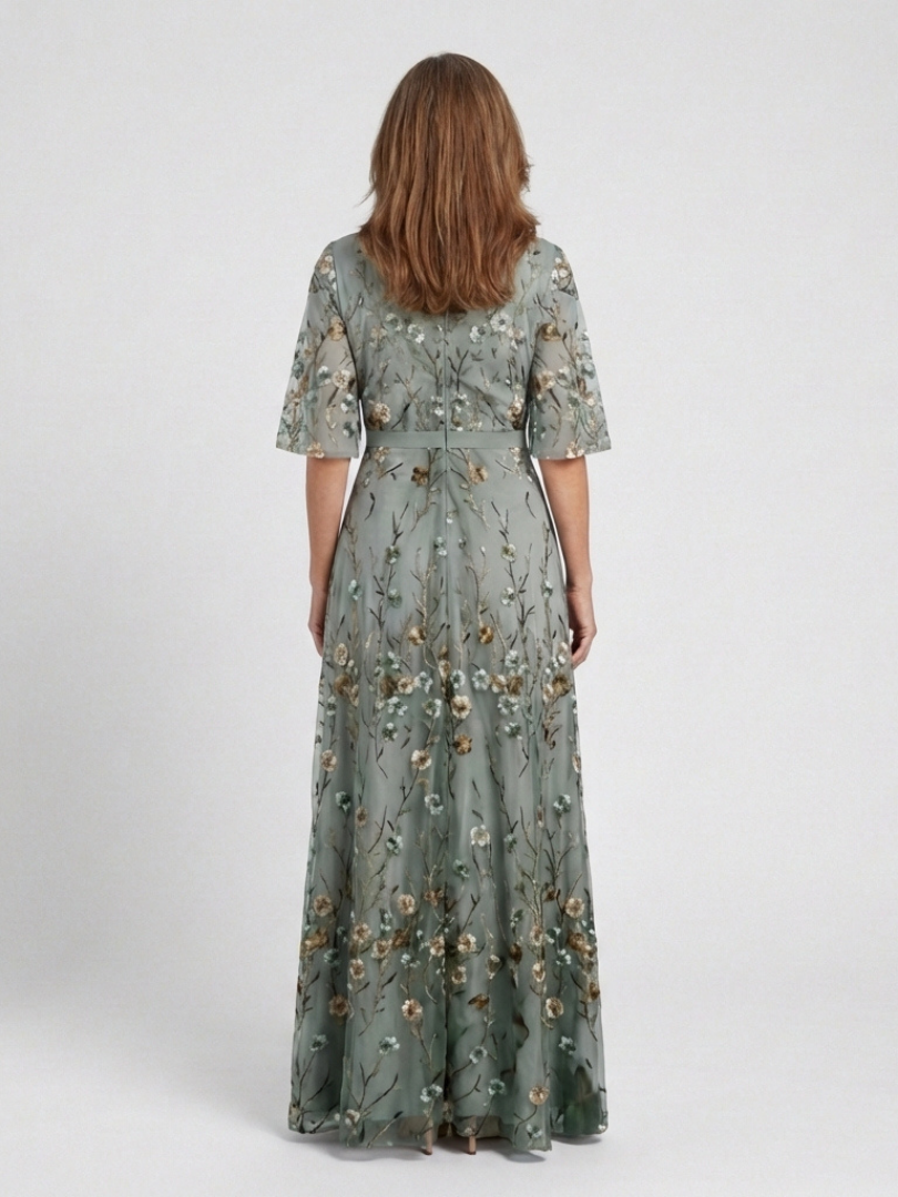 Evadne | Women's Floral V-Neck Sheer Sleeve Maxi Dress