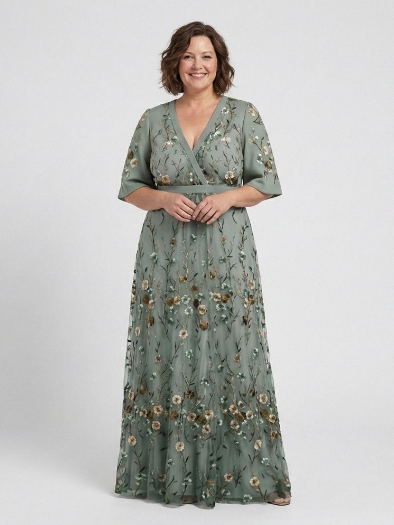 Evadne | Women's Floral V-Neck Sheer Sleeve Maxi Dress