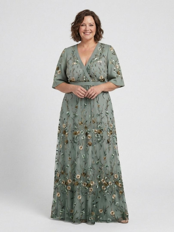 Evadne | Women's Floral V-Neck Sheer Sleeve Maxi Dress