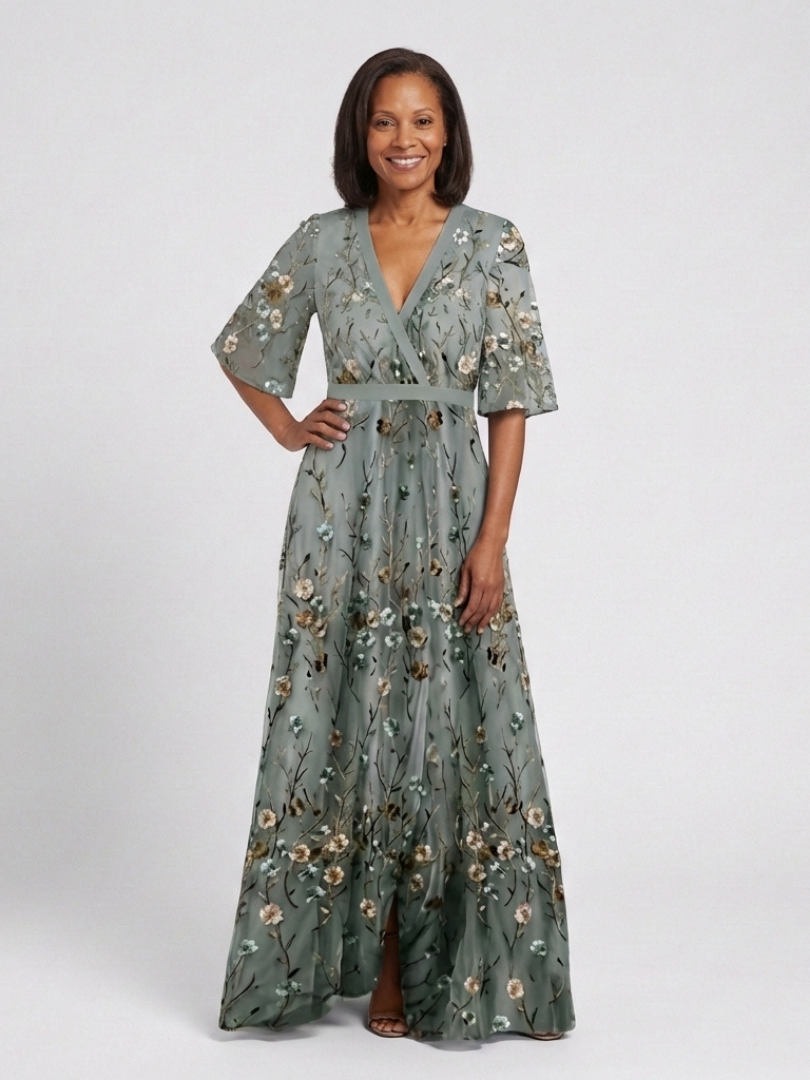 Evadne | Women's Floral V-Neck Sheer Sleeve Maxi Dress