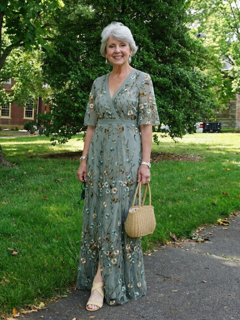 Evadne | Women's Floral V-Neck Sheer Sleeve Maxi Dress