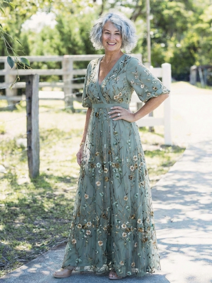 Evadne | Women's Floral V-Neck Sheer Sleeve Maxi Dress