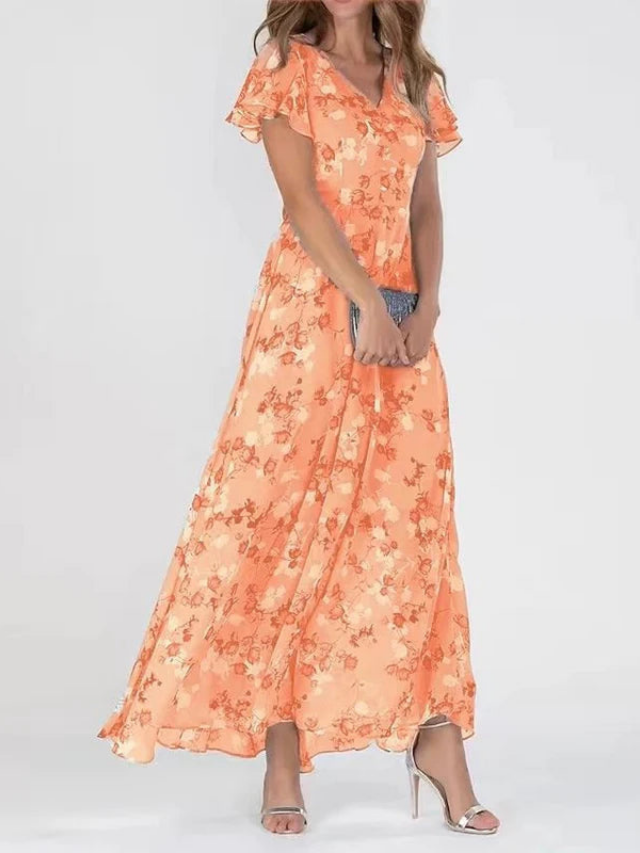 Evangeline | Women's Chiffon Floral Flutter-Sleeve V-Neck Maxi Dress