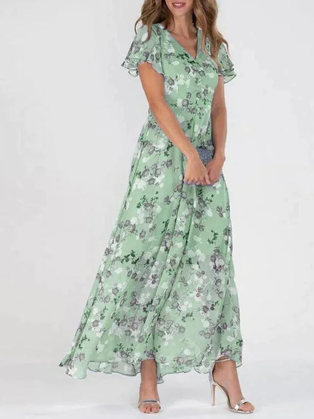 Evangeline | Women's Chiffon Floral Flutter-Sleeve V-Neck Maxi Dress
