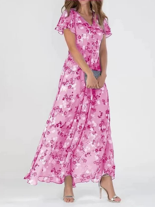 Evangeline | Women's Chiffon Floral Flutter-Sleeve V-Neck Maxi Dress