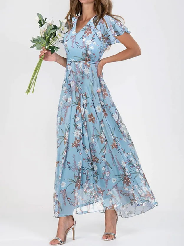 Evangeline | Women's Chiffon Floral Flutter-Sleeve V-Neck Maxi Dress