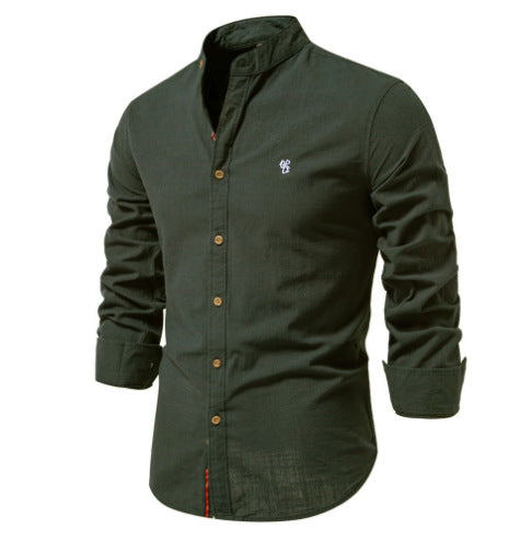 Men's Woven Long Sleeve Shirt with Band Collar and Embroidered Emblem