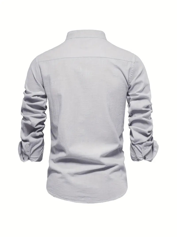 Men's Long Sleeve Button-Front Shirt with Band Collar and Chest Emblem