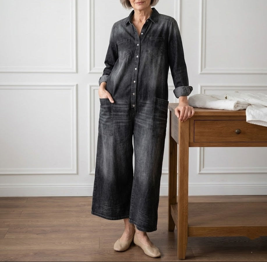 Fatima | Women's Wide-Leg Button-Down Denim Jumpsuit