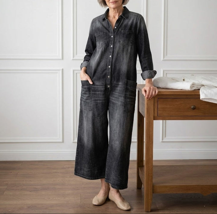 Fatima | Women's Wide-Leg Button-Down Denim Jumpsuit