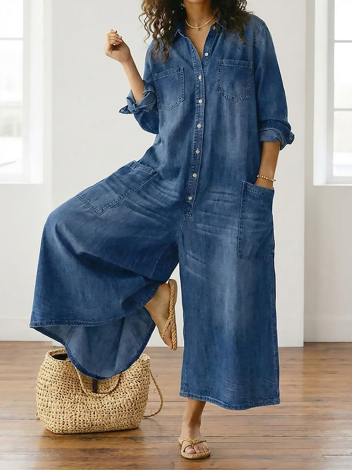 Fatima | Women's Wide-Leg Button-Down Denim Jumpsuit