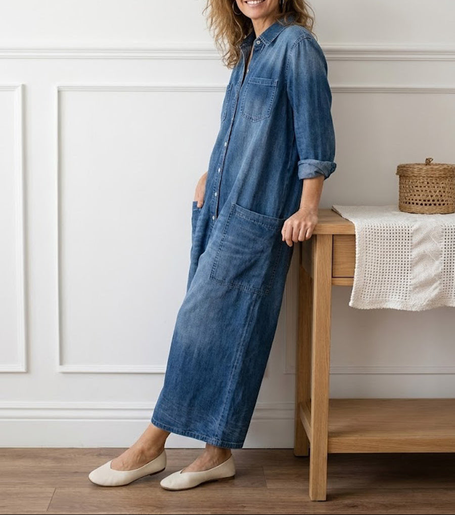 Fatima | Women's Wide-Leg Button-Down Denim Jumpsuit