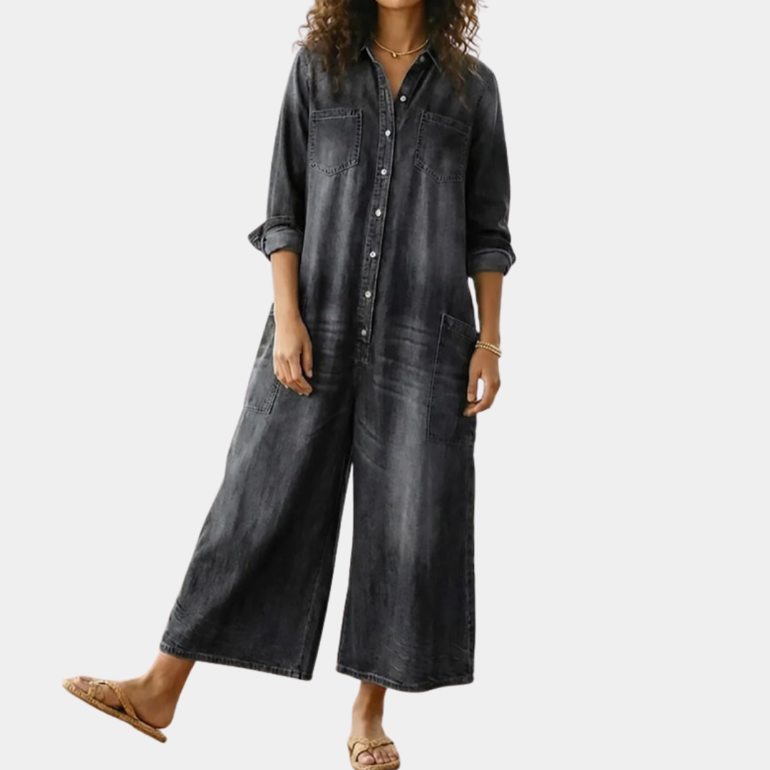 Fatima | Women's Wide-Leg Button-Down Denim Jumpsuit