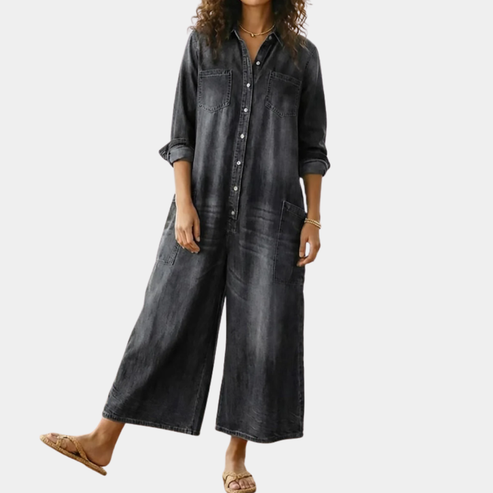 Fatima | Women's Wide-Leg Button-Down Denim Jumpsuit