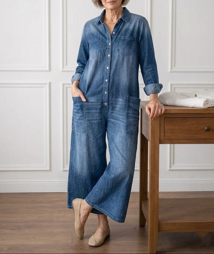 Fatima | Women's Wide-Leg Button-Down Denim Jumpsuit