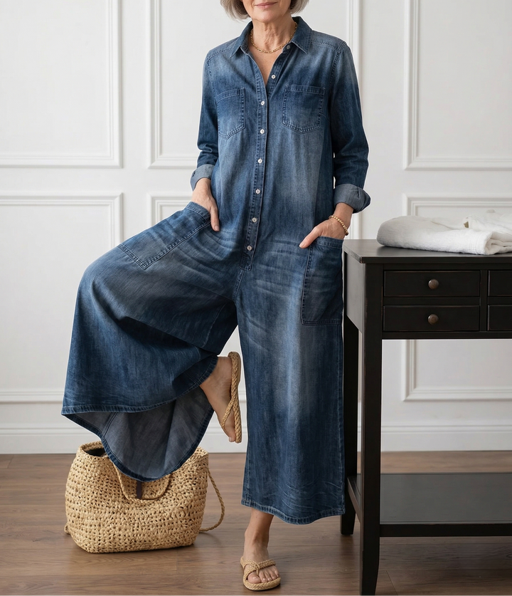 Fatima | Women's Wide-Leg Button-Down Denim Jumpsuit