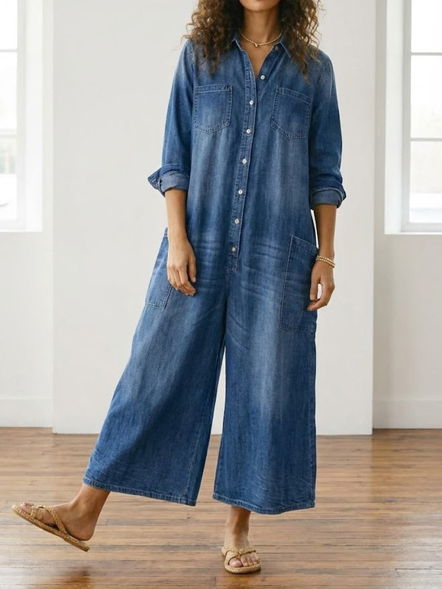 Fatima | Women's Wide-Leg Button-Down Denim Jumpsuit