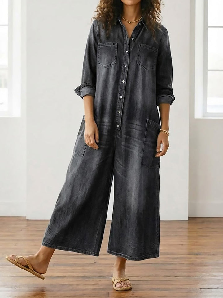 Fatima | Women's Wide-Leg Button-Down Denim Jumpsuit