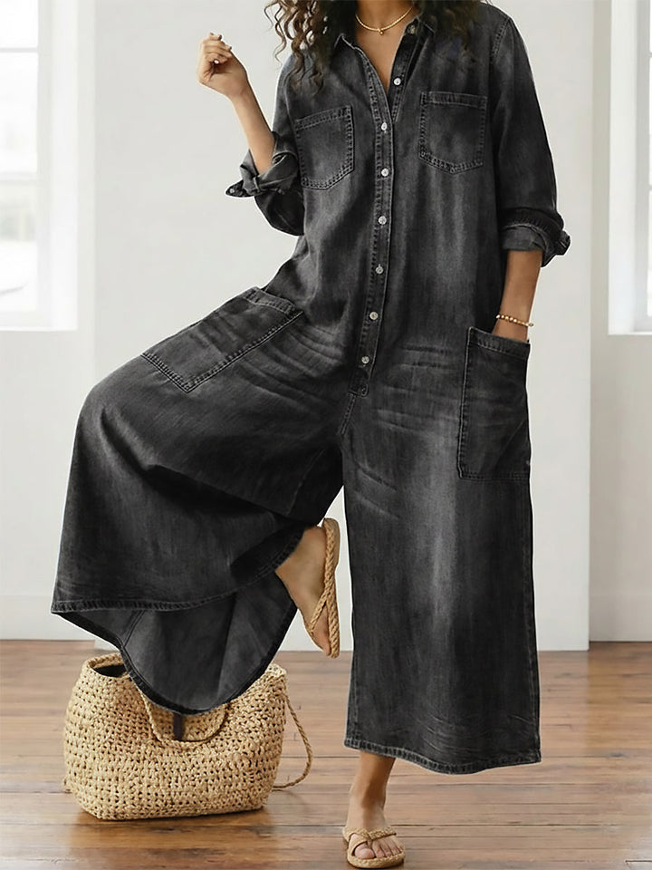 Fatima | Women's Wide-Leg Button-Down Denim Jumpsuit