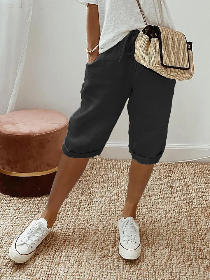 Faye | Women's Drawstring Cropped Linen Bermuda Shorts