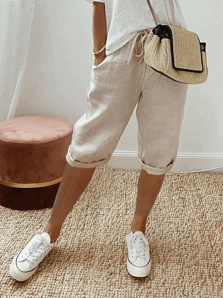 Faye | Women's Drawstring Cropped Linen Bermuda Shorts