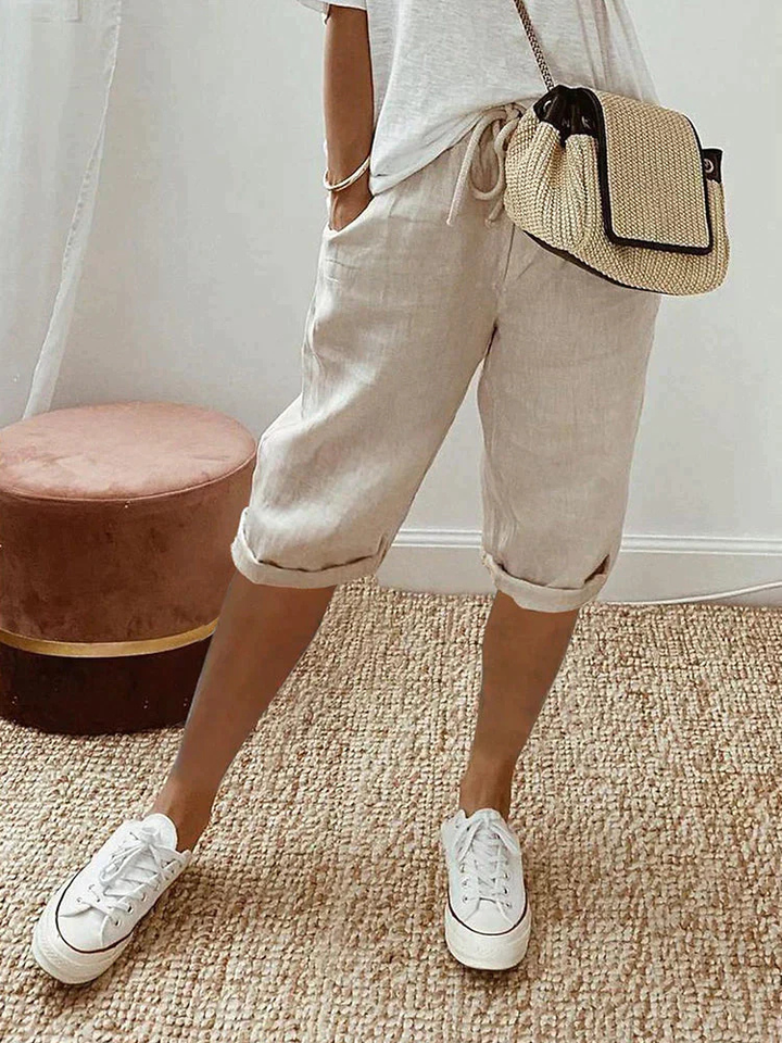 Faye | Women's Drawstring Cropped Linen Bermuda Shorts