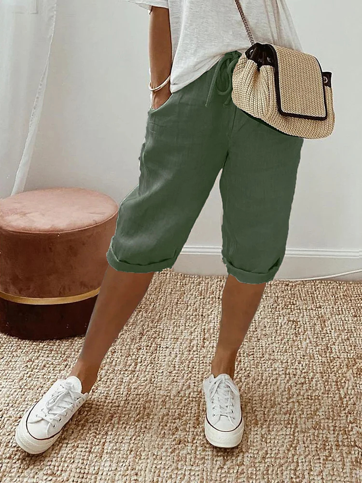 Faye | Women's Drawstring Cropped Linen Bermuda Shorts