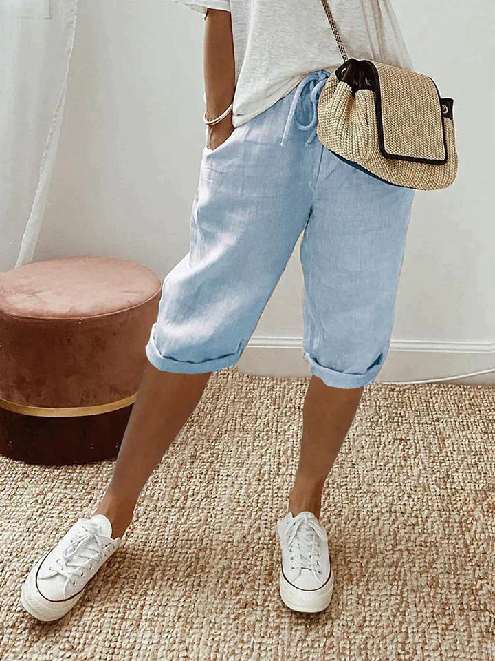 Faye | Women's Drawstring Cropped Linen Bermuda Shorts