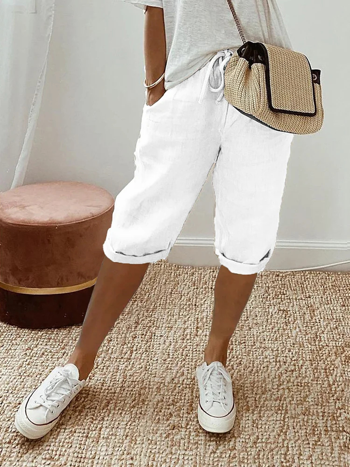 Faye | Women's Drawstring Cropped Linen Bermuda Shorts