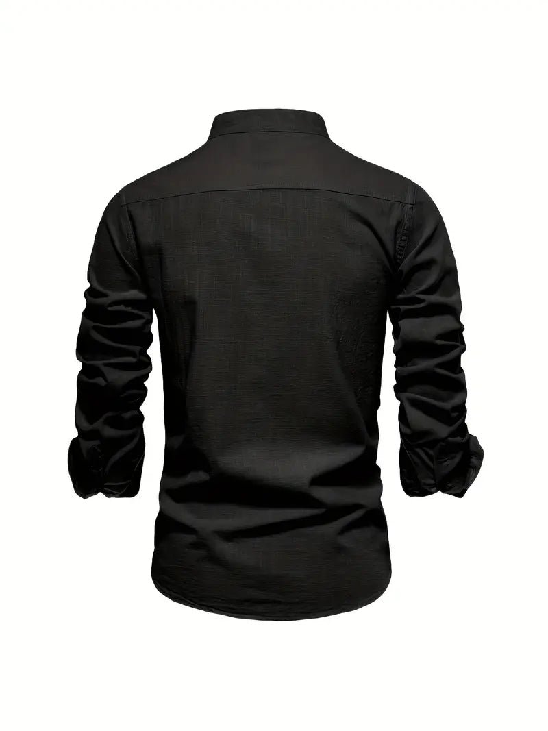 Men's Long Sleeve Button-Front Shirt with Band Collar and Chest Emblem